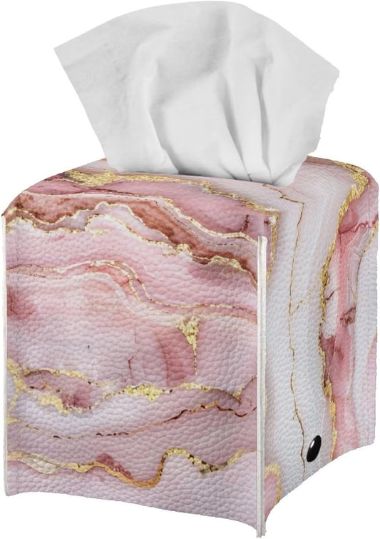 Pink Marble Aesthetic Sqaure Tissue Box Cover Modern Decorative Tissue Box Case Organizer Holder with Storage Foldable Pretty Decorative Office Accessory Tissue Box Organizer for Home