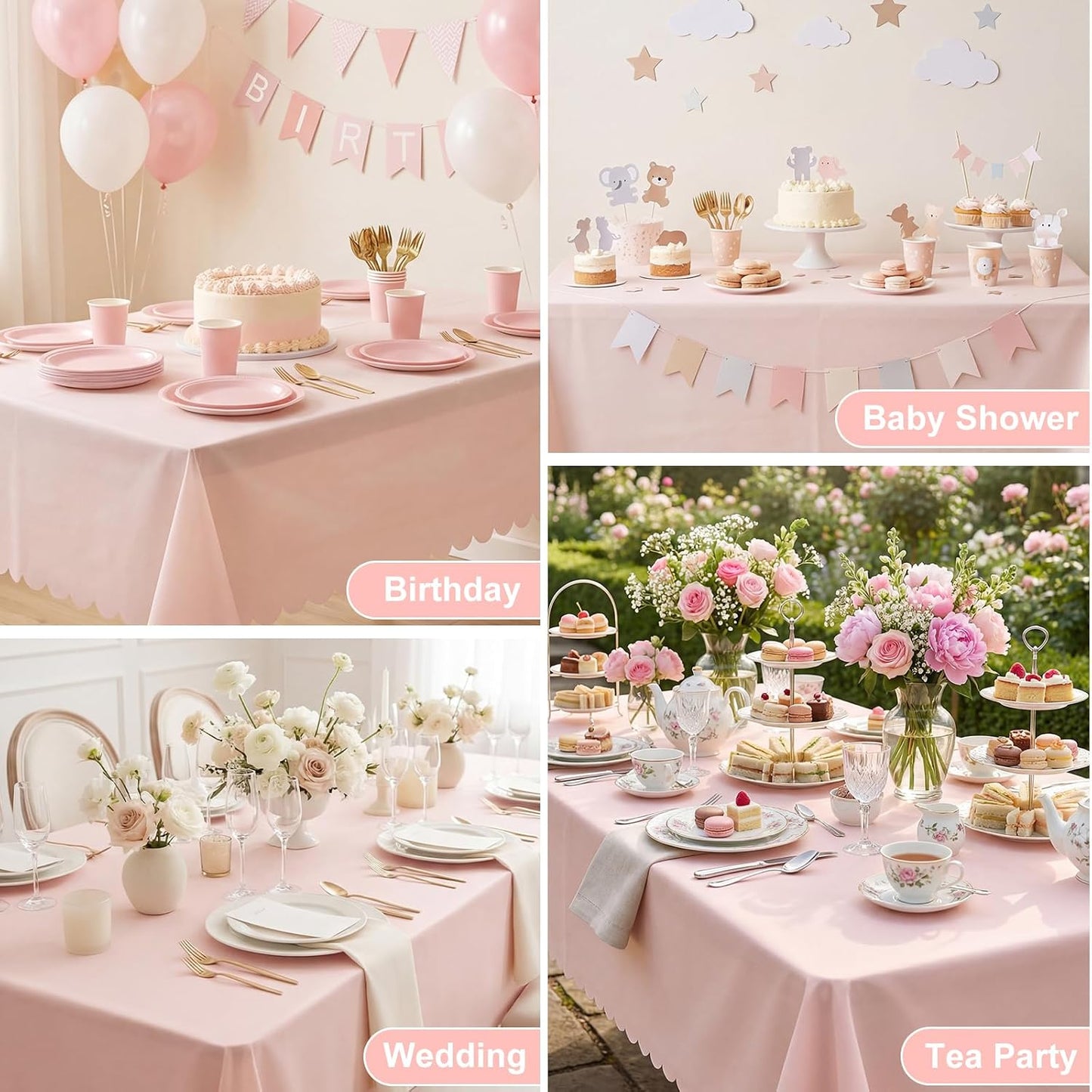 6 Pack Plastic Light Pink Tablecloths, 54 X 108Inch Disposable Spring Tablecloth Scalloped Pink Table Cloth for Rectangle Tables Table Cover for Girls Birthday Baby Bridal Shower Tea Party Wedding