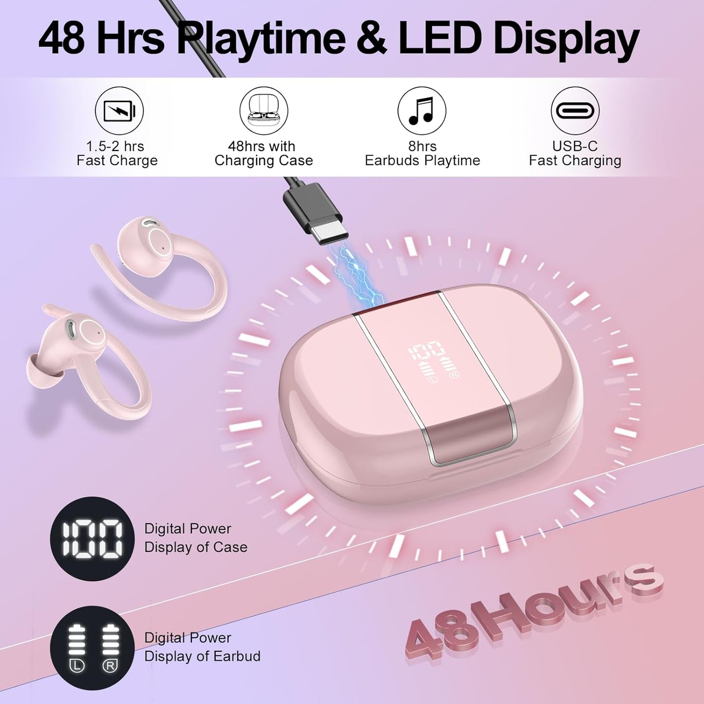 Wireless Earbuds Bluetooth 5.3 Headphones Sports, 48H Earphone with ENC Mic, Stereo Deep Bass Bluetooth Earbuds with Secure Earhooks, LED Display, IPX7 Waterproof Over Ear Buds for Running Coral Pink