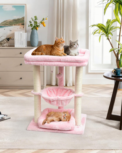 SYANDLVY Small Cat Tree for Indoor Cats with Top Perch, Middle Hammock & Bottom Bed, Natural Sisal Scratching Post Tower with Hanging Bell Ball & Anti-Tip Strap, Stable Indoor Cat Furniture, Pink