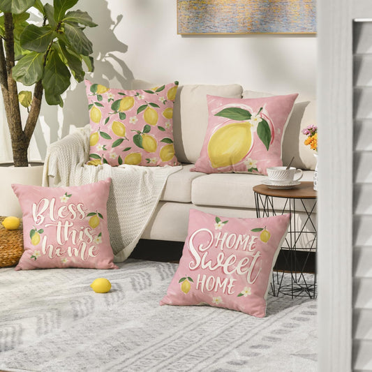AVOIN colorlife Summer Bless This Home Sweet Home Throw Pillow Covers, 18 x 18 Inch Pink Lemon Floral Holiday Seasonal Cushion Case Decorations Set of 4