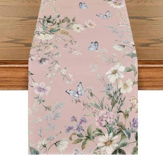 Artoid Mode Pink Floral Wildflower Leaf 210 GSM Spring Table Runner, Seasonal Summer Kitchen Dining Table Decoration for Home Party Decor 13x72 Inch