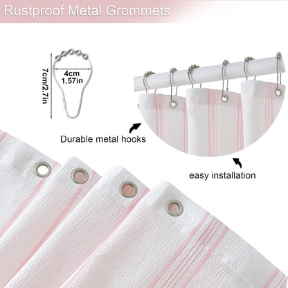 ORTIGIA Pink and White Striped Shower Curtain with 12 Metal Hooks, Crinkled Lightweight Textured Fabric Modern Farmhouse Minimalist Bathroom Curtain 72x72 Inch