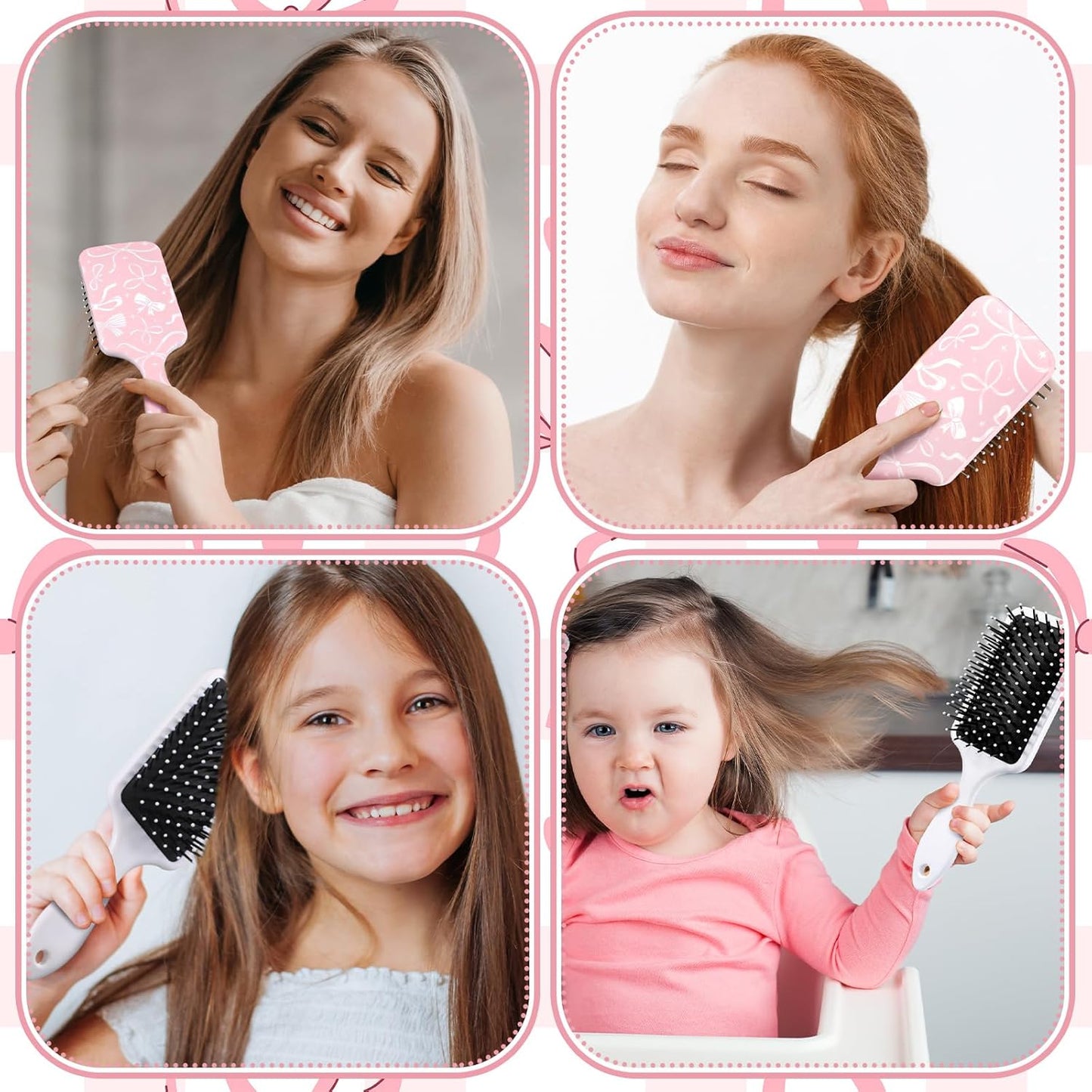 Weysat Coquette Bow Paddle Hair Brush Set Cute Hair Brush Pastel Pink Detangle Tail Comb Set Bow Print Anti Static Air Cushion Wide Tooth for Women Girl Gift Soft Health and Massage Scalp