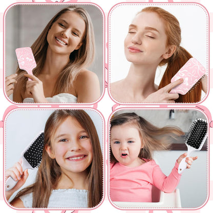 Weysat Coquette Bow Paddle Hair Brush Set Cute Hair Brush Pastel Pink Detangle Tail Comb Set Bow Print Anti Static Air Cushion Wide Tooth for Women Girl Gift Soft Health and Massage Scalp