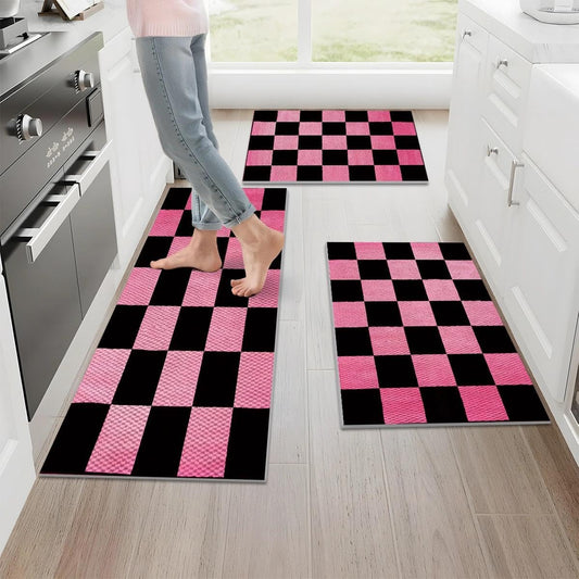 Pink Kitchen Rug 3 Piece Set,Pink Black Checkerboard Pattern Vintage Home Decor,Pineapple Texture Design Washable Non-Slip Floor Mat,Foldable Durable Kitchen Runner Rugs 16"x24"+20"×32 +20"×47"
