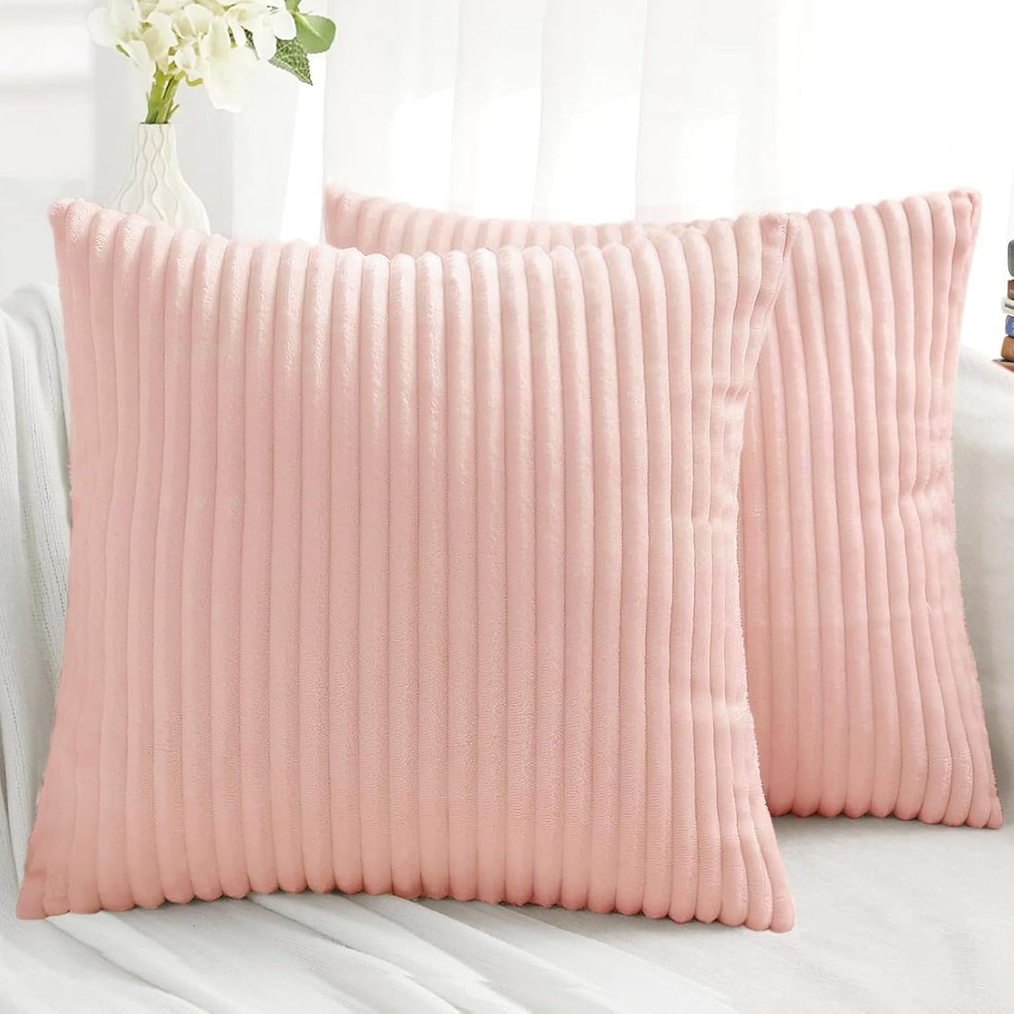Simmore Decorative Summer Throw Pillow Covers 18x18 Set of 2, Soft Plush Flannel Double-Sided Fluffy Lumbar Pillow Covers for Couch Sofa Living Room, Pink