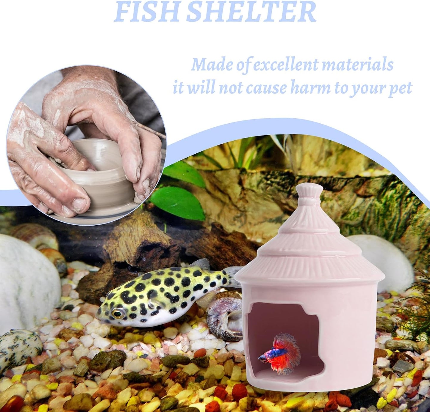 Saim Cute Aquarium Decorations Ceramic Palace Little Grass Hut Shaped Toad House, Betta Fish Tank Accessory Decor Ornament Hideout Pleco Cave for Fish Playing or Hiding (Pink)