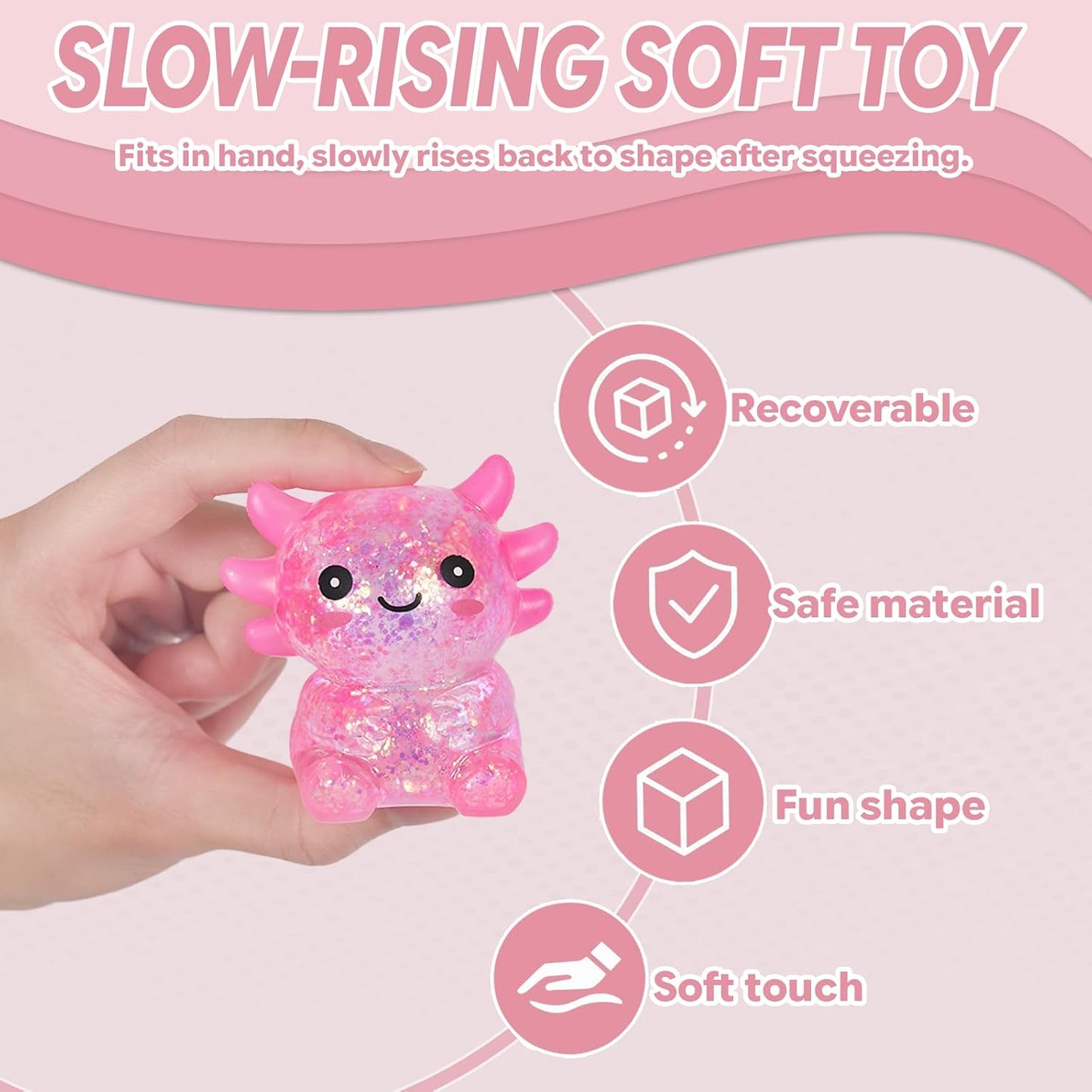 Axolotl Squishy Toy - 1 Pcs Glitter Slow Rising Squeeze Toy, Maltose Filled TPR Stress Relief Fidget Toy, Cute Transparent Handheld Desk Pet Sensory Toy, Age 3+ (Pink)