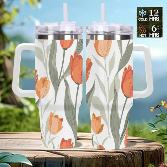 40oz Tumbler with Handle, Peach Orange Tulip Leaf Pattern Printed Stainless Steel Travel Mug, Insulated Car Cup with Straw, Keeps Drinks Hot & Cold, Personalized Gift for Women & Men