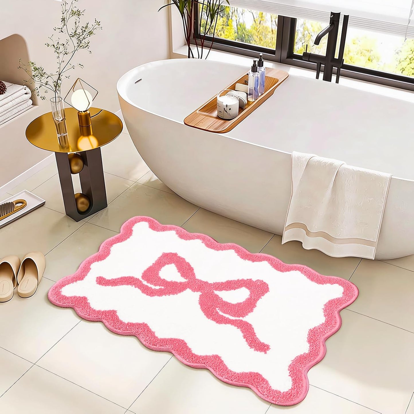Pink Bow Bathroom Rug Mat Set 3 Piece, Microfiber Shaggy Bath Set, Non-Slip Ultra Soft Carpet Mats, Absorbent with U-Shaped Toilet for Bathroom, Tub, Shower (Pink)