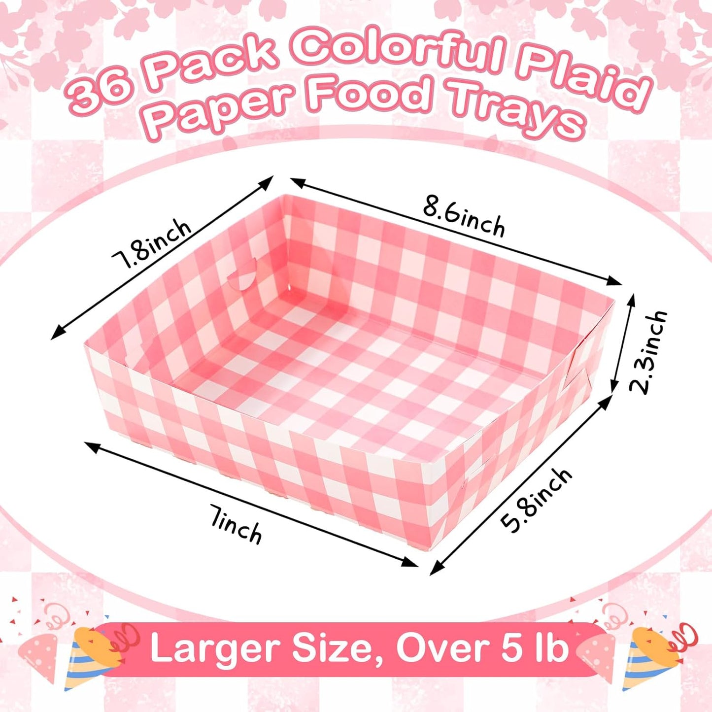 Suclain 36 Pack Light Pink and White Gingham Paper Trays 5 lb Grease Resistant Large Snack Serving Trays Disposable Food Boats for Wedding Tea Party Baby Shower Supplies