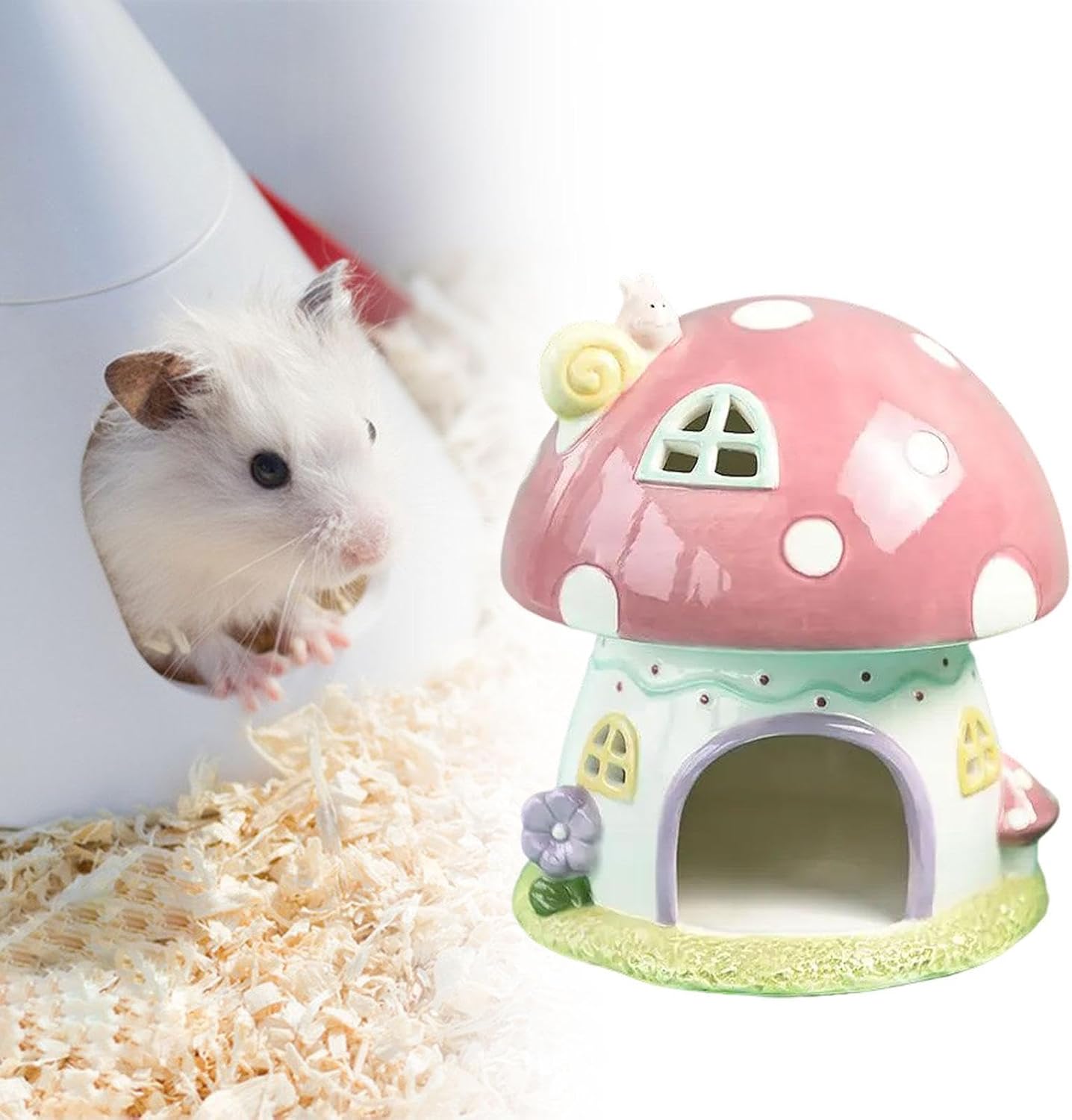 Ceramic Hamster Hideout, 6.3 x 6.3 x 7.2 in Cartoon Small Pet Sleeping House for Dwarf Hamsters, Hedgehogs and Chinchillas