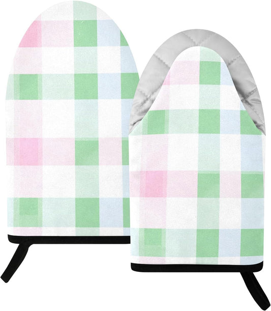 Oven Mitt 2 Pack Set Light Pink and Green Plaid Kitchen Mitts Gloves for for Cooking Baking Grilling