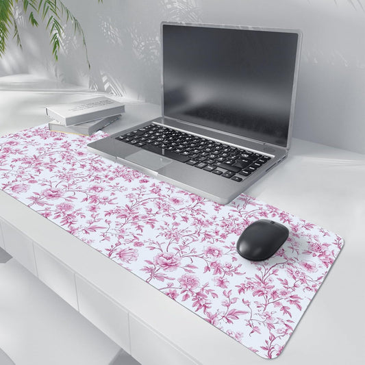 Pink Chinoiserie Mouse Pad,Vintage Pink and White Floral Desk Mat,XL Large Vintage Flowers Preppy Mouse Pad,Girly Laptop Desk Mat for Dorm Home Office,31.5x11.8 Inch