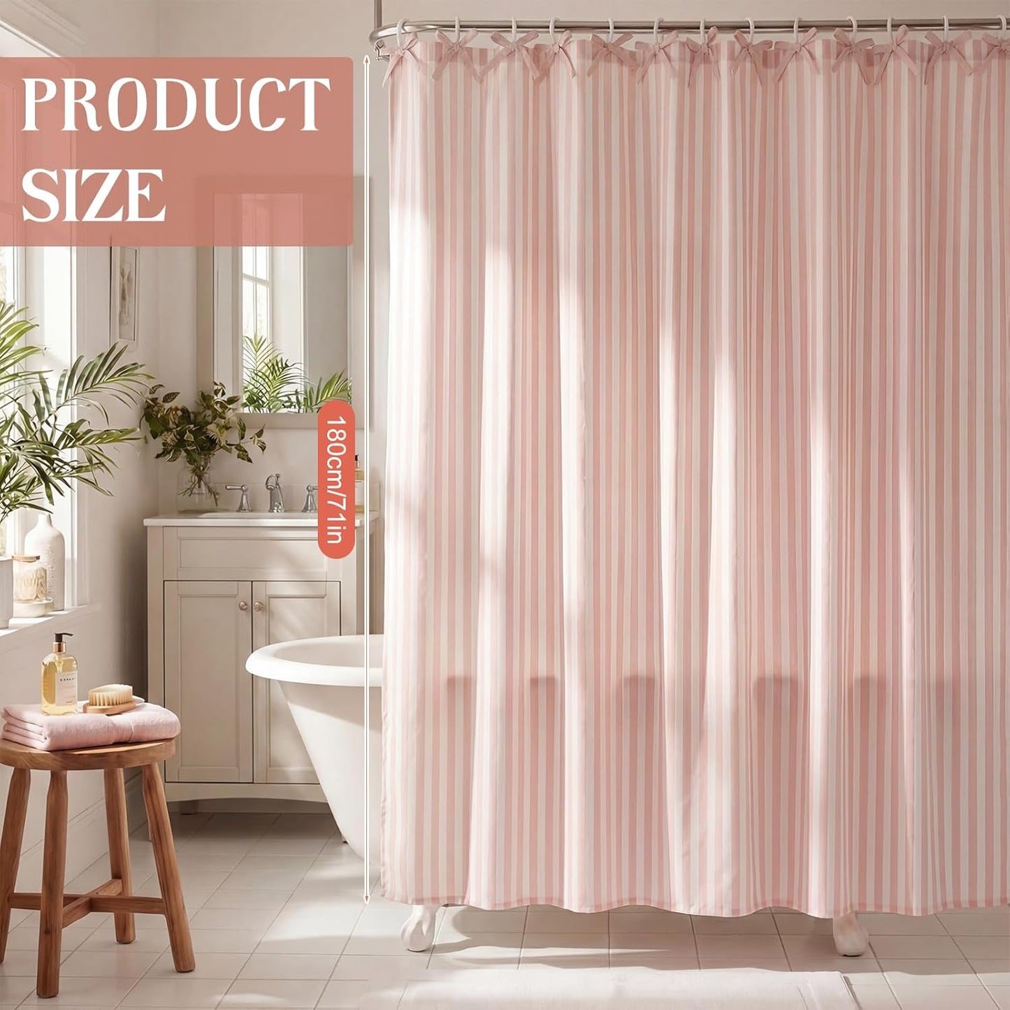 Gilprop Pink Striped Shower Curtain Set for Bathroom Boho Decor Fabric Shower Curtain with Bow Tie and Hooks, 71" x 71"