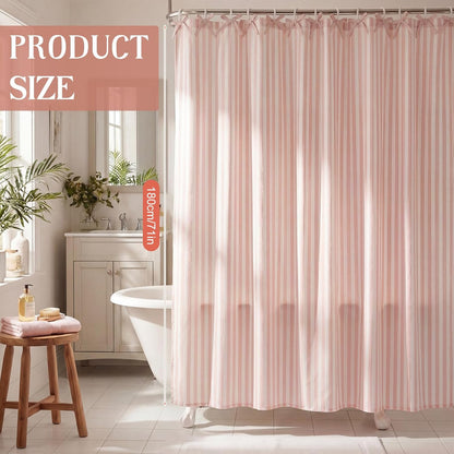 Gilprop Pink Striped Shower Curtain Set for Bathroom Boho Decor Fabric Shower Curtain with Bow Tie and Hooks, 71" x 71"