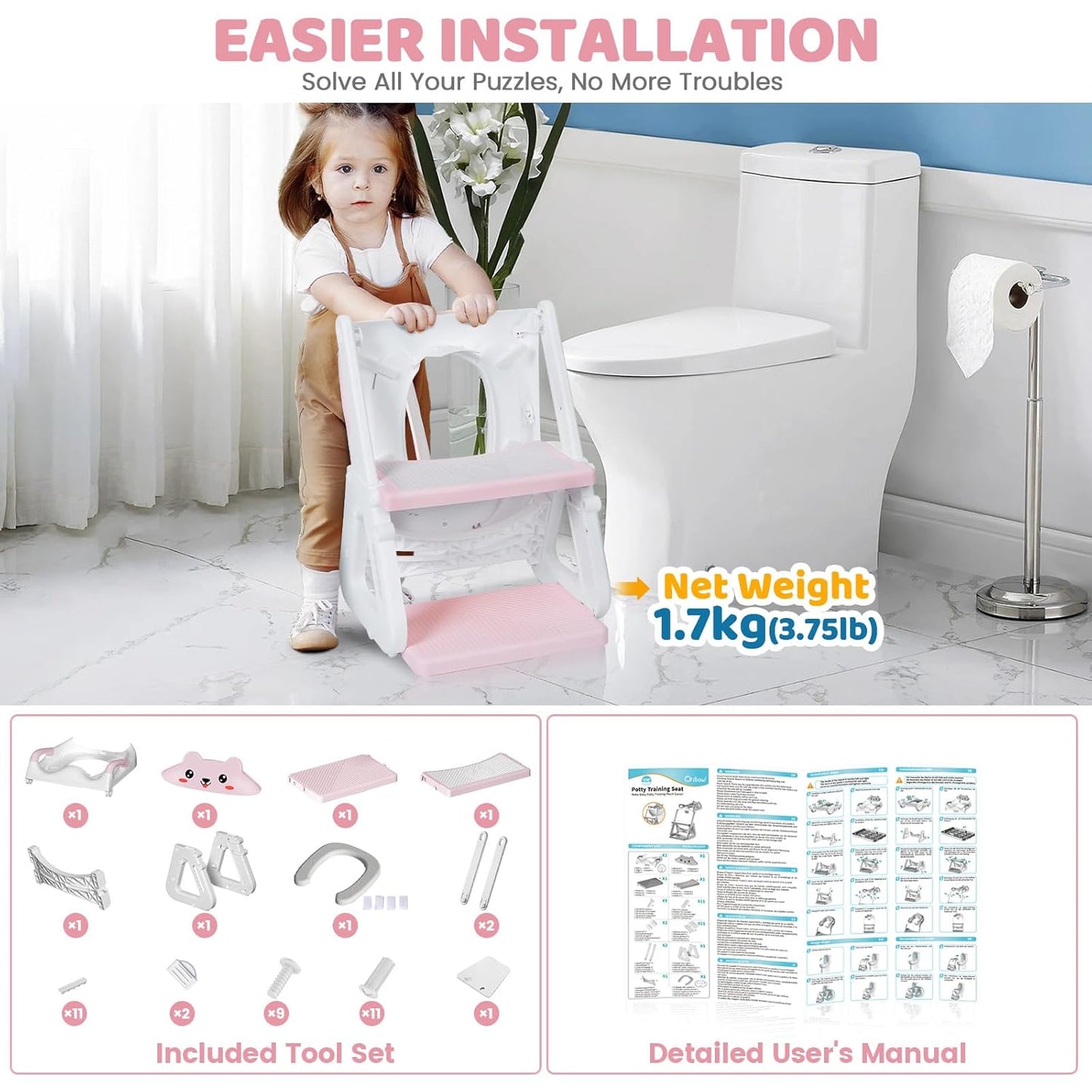 Orzbow Potty Training Seat with Step Stool Ladder for Toddlers, 7 Height Adjustable 2-in-1 Potty Training Toilet for Boys Girls, Splash Guard, Non-Slip, Stable Triangular Fits Most Toilets, Pink