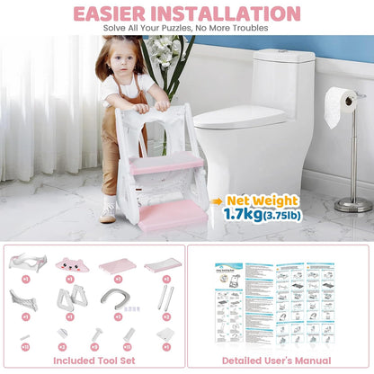 Orzbow Potty Training Seat with Step Stool Ladder for Toddlers, 7 Height Adjustable 2-in-1 Potty Training Toilet for Boys Girls, Splash Guard, Non-Slip, Stable Triangular Fits Most Toilets, Pink