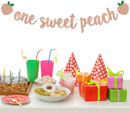 One Sweet Peach Banner, Rose Gold Glitter Peach Themed for 1st Birthday, Baby Shower, Fruit Theme Party Decorations