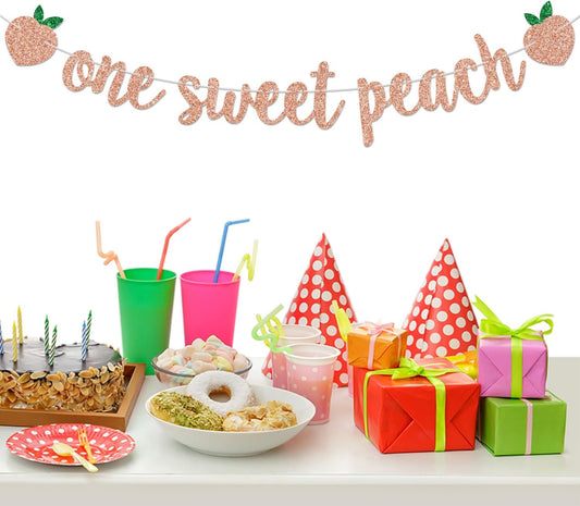 One Sweet Peach Banner, Rose Gold Glitter Peach Themed for 1st Birthday, Baby Shower, Fruit Theme Party Decorations