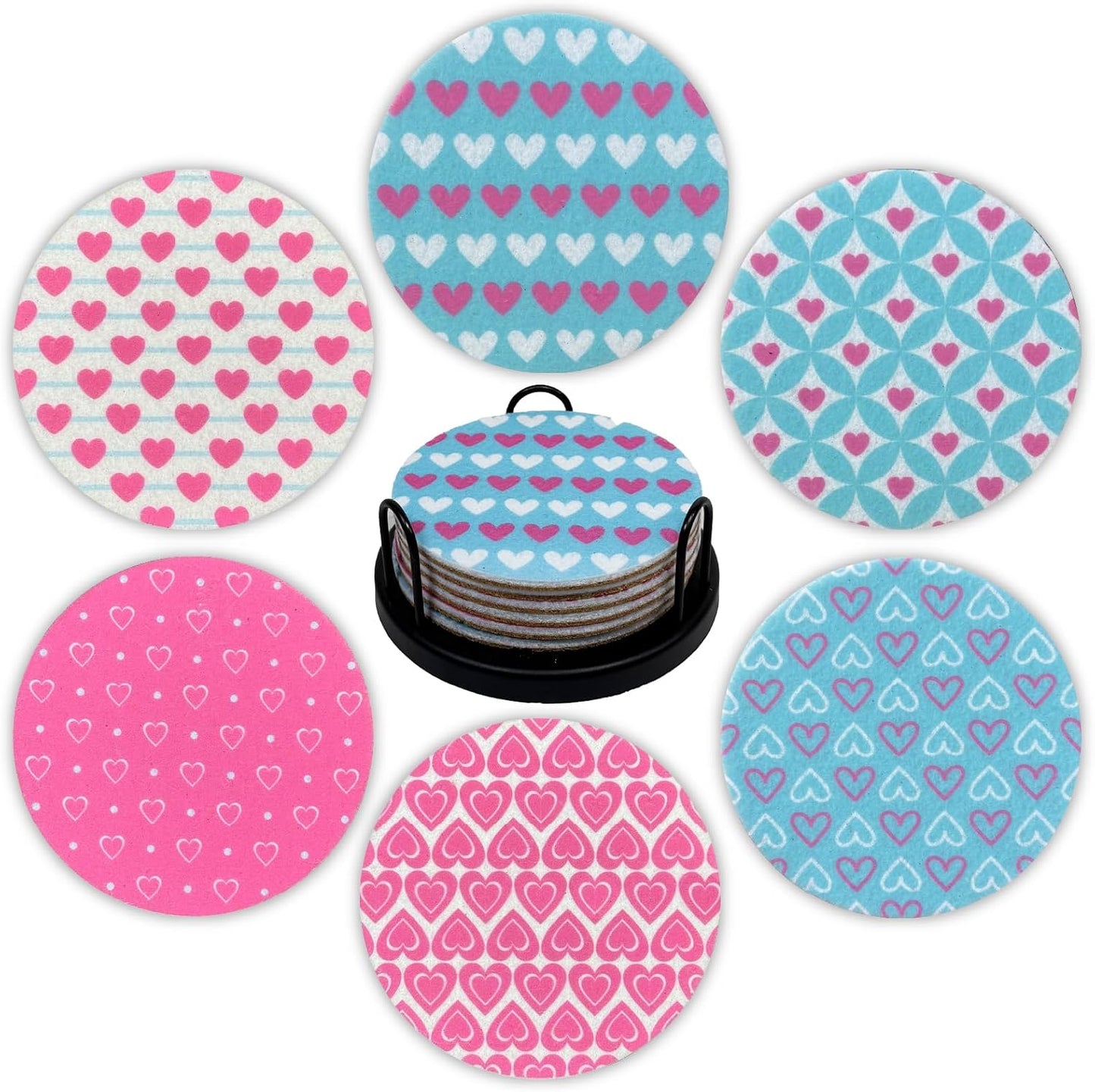 Pink & Mint Love Felt Coasters Set of 6, Round Absorbent Drink Coasters, Non-Slip Cork Backing, Removable Holder