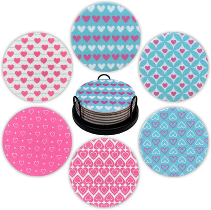 Pink & Mint Love Felt Coasters Set of 6, Round Absorbent Drink Coasters, Non-Slip Cork Backing, Removable Holder