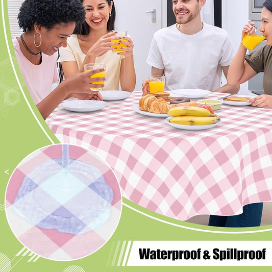 Smiry Plastic Table Cloth, Waterproof Vinyl Tablecloth with Flannel Backing, Wipeable Buffalo Plaid Table Cover for Picnic, Indoor and Outdoor (Pink & White, 60" Round)