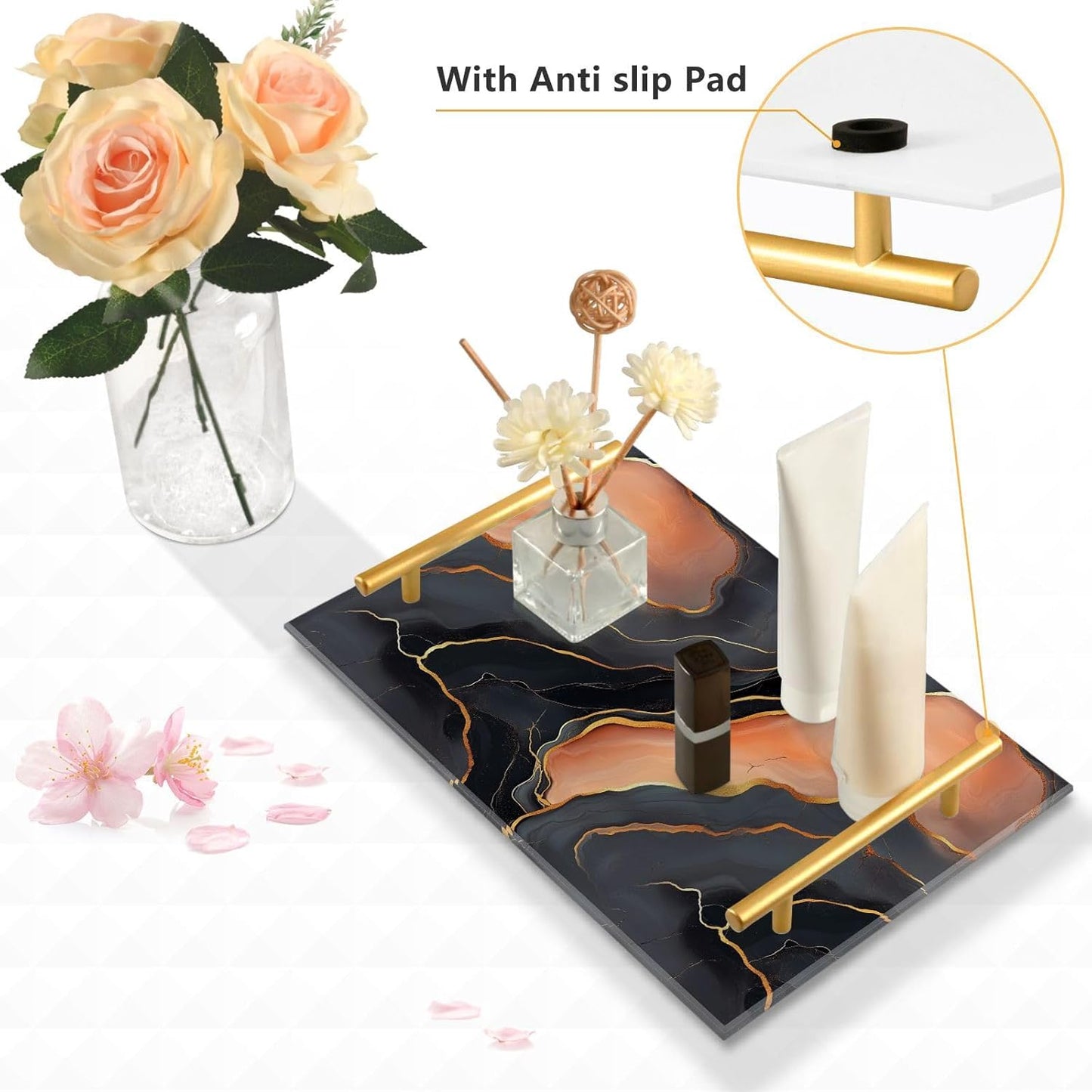 Marble Black Peach Decorative Acrylic Cafeteria Tray with Handles Divided Serving Tray for Jewelry Perfume for Table Serving bandejas para cama