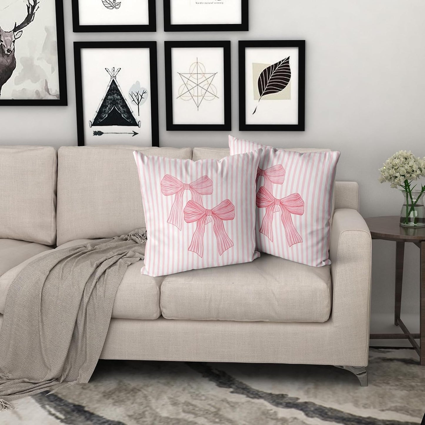 Giwawa Pink Bow Pillow Covers 18x18 Inch Set of 2 Pink and White Striped Pillowcase for Home Preppy Room Bedroom Sofa Decor, Double Sided Pattern