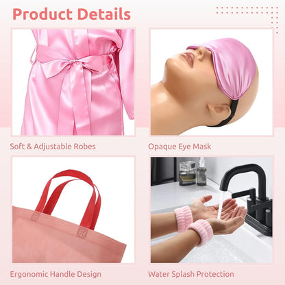 36 Pcs Sleepover Party Supplies Set for Little Girls, Pink Spa Robes with Matching Eye Masks and Tote Bags, Includes Facial Care Headbands and Wristbands, Birthday Party Favors for Kids