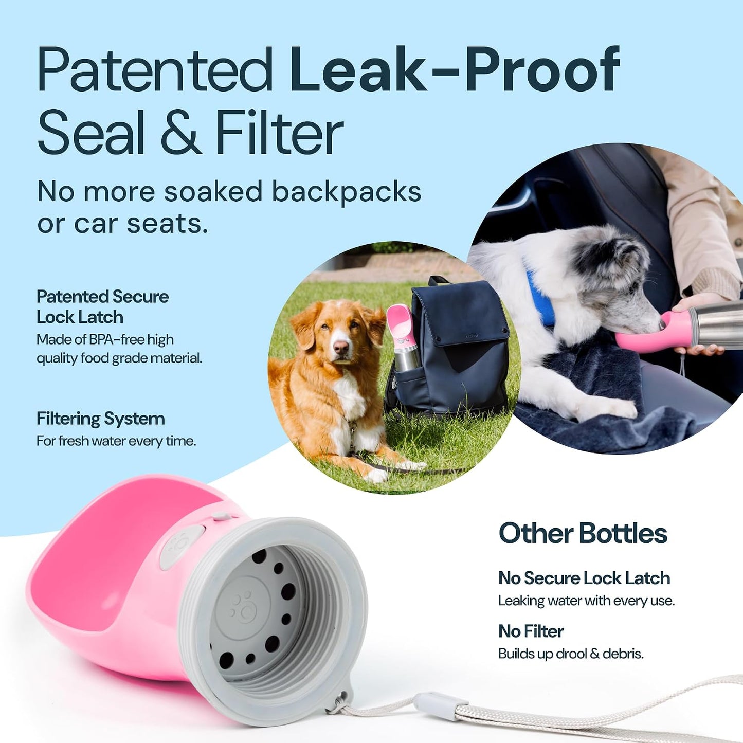 MalsiPree Insulated Dog Water Bottle - 24 Oz, Pink - Leak-Proof Stainless Steel Portable Travel Dispenser & Bowl for Trail Hiking, Park Visit, Camping & Beach Days