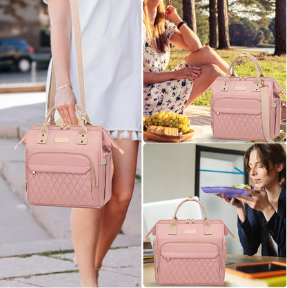 AIJIEKE Large Insulated Lunch Bag for Women, Stylish Leakproof Lunch Box for Work with Multi-Pockets & Adjustable Strap, Reusable Thermal Lunch Tote Cooler for Adult, Picnic, Beach, Pink