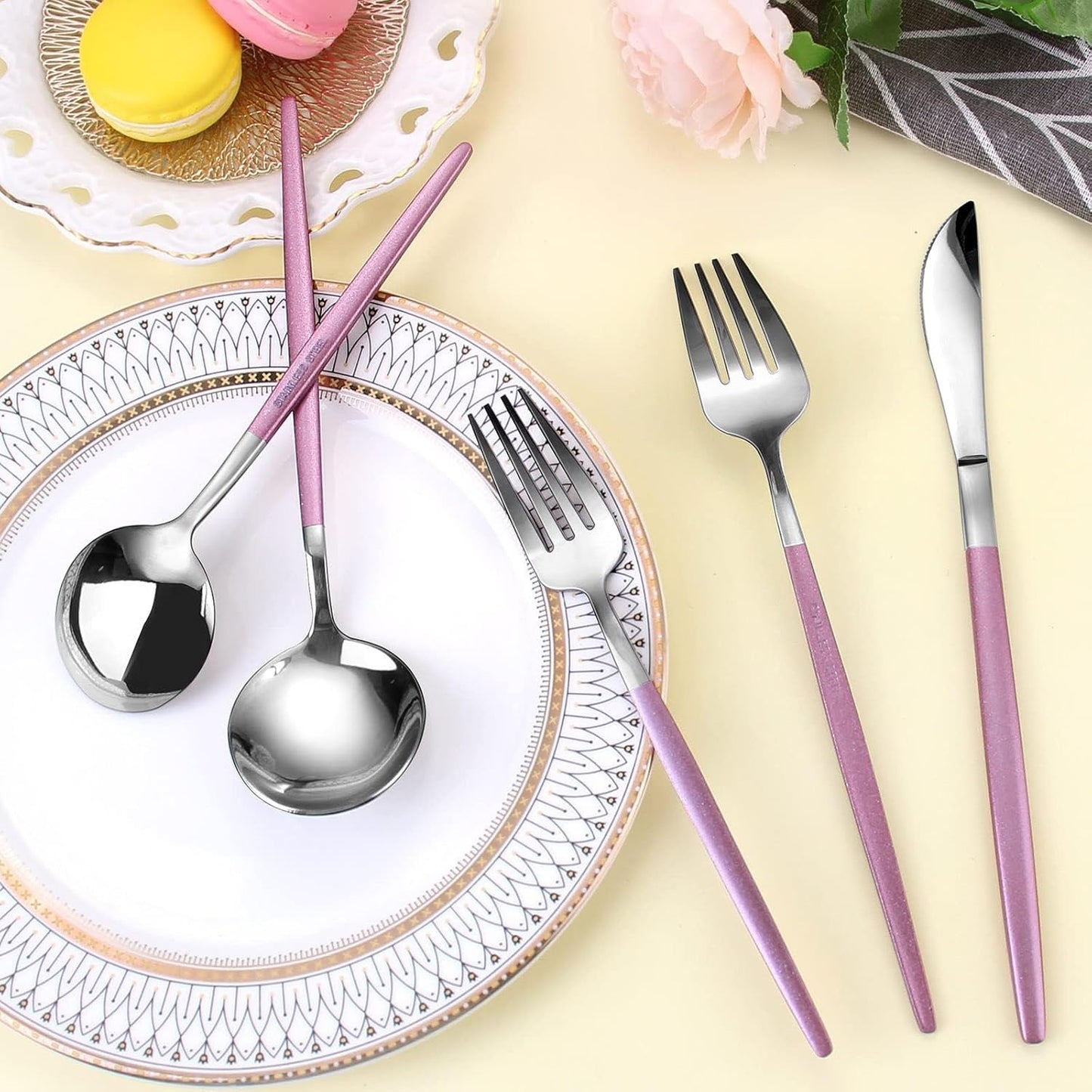 20-Piece Silverware Set With Pink Handle,LAZAHOME Stainless Steel Cutlery Set Service for 4,Kitchen Utensils Set Included Knife Spoon and Fork Set- Mirror Polished & Dishwasher Safe