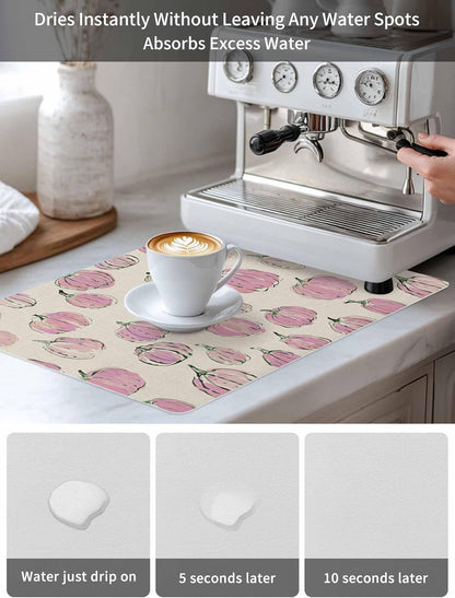Coffee Mat for Countertops Fall Thanksgiving Light-pink Pumpkin Pattern Retro Linen Absorbent Dish Drying Mat for Kitchen Counter Coffee Bar Accessories Rubber Backed for Espresso Machine 16" x 18"