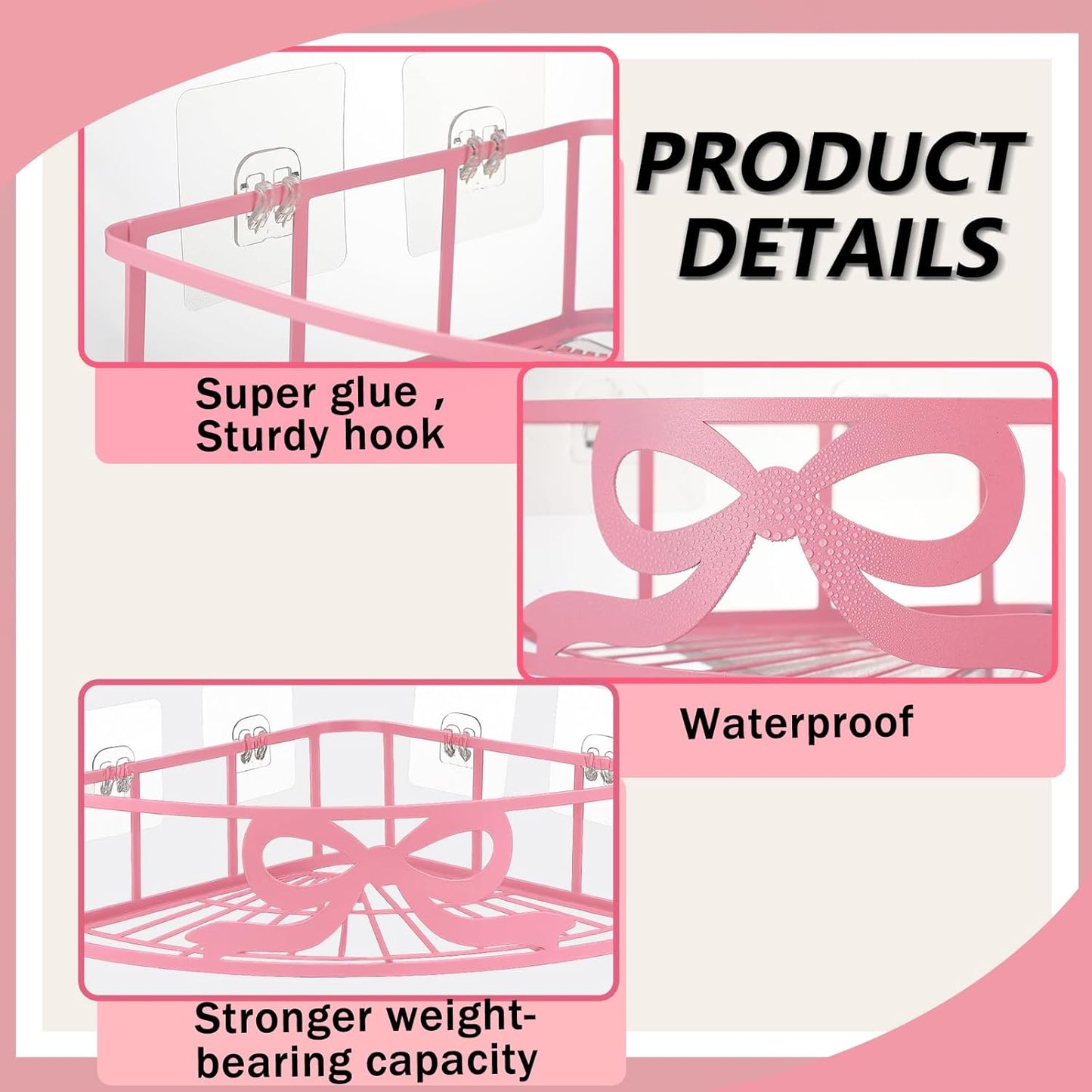 2 Pcs Pink Corner Shower Caddy Pink Bow Shower Shelves Organizer No Drilling Coquette Corner Caddy with 5 Adhesive Hooks Preppy Wall Mounted Decor Shelves for Bathroom Kitchen Bedroom Dorm