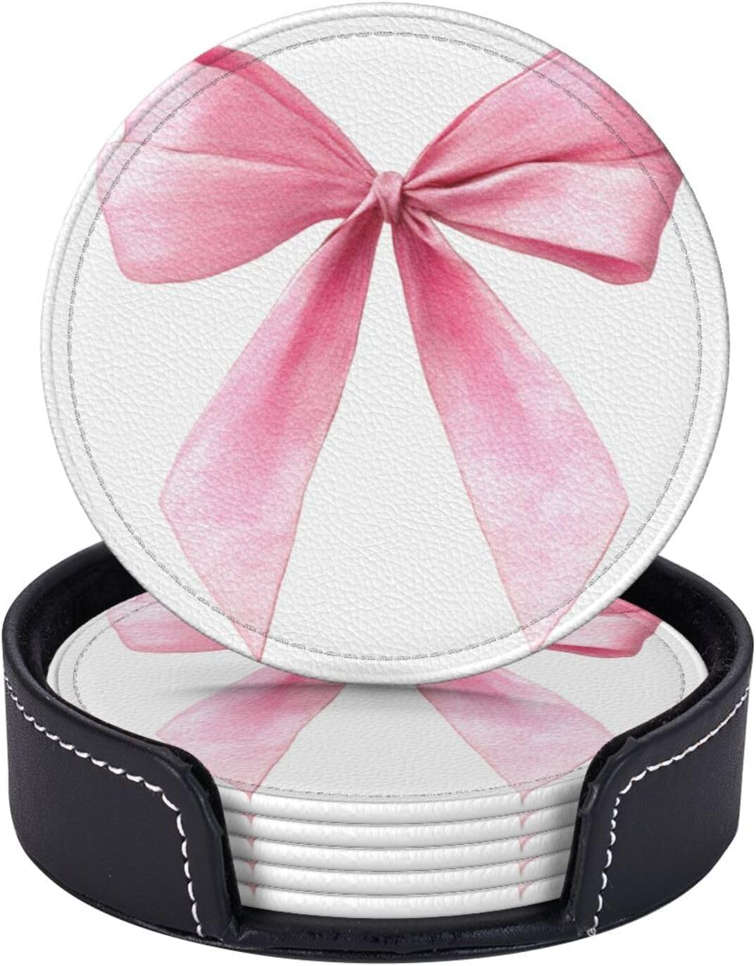 Watercolor Light Pink Coquette Bow Premium Leather Coasters, Set of 6 with Holder, Stylish Beverage Coasters for Kitchen Coffee Bar