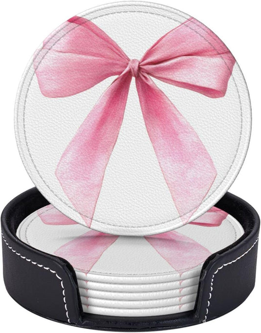 Watercolor Light Pink Coquette Bow Premium Leather Coasters, Set of 6 with Holder, Stylish Beverage Coasters for Kitchen Coffee Bar