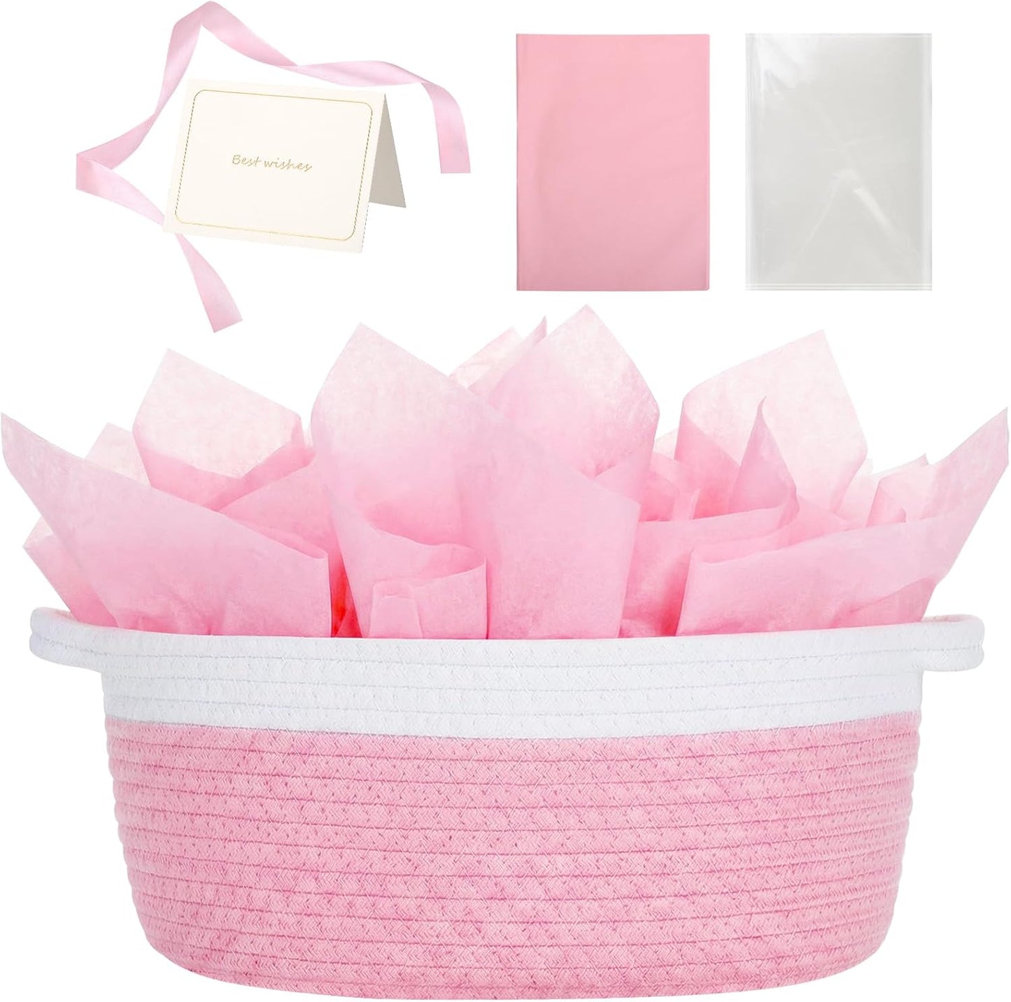 woric Baby Gifts Basket Woven Basket Rope Baskets for Wedding Gifts Empty Baby Shower Toy Storage Girls Birthday Graduation Decor (Pink 12"X 8" X 5" with Gift Bag Card Ribbon Tissue Paper)