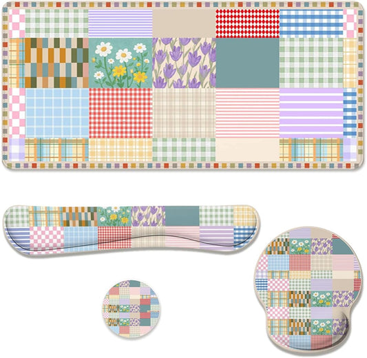 Girlcore Patchwork Desk Mat Set Pink Pastel Plaid Floral Large Mouse Pad with Wrist Rest 4in1 Desk Mat for Desktop Ergonomic Computer Desk Arm Wrist Anti-Slip Computer Mouse Pad Home Office Gaming