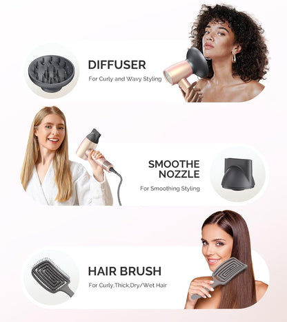 MelodySusie Hair Dryer with Diffuser,1600W Fast Drying Low Noise Ionic Hair Dryer for Curly Hair with Diffuser,Nozzle and Hair Brush,120,000 RPM Blow Dryer Ideal for Women,Light Pink