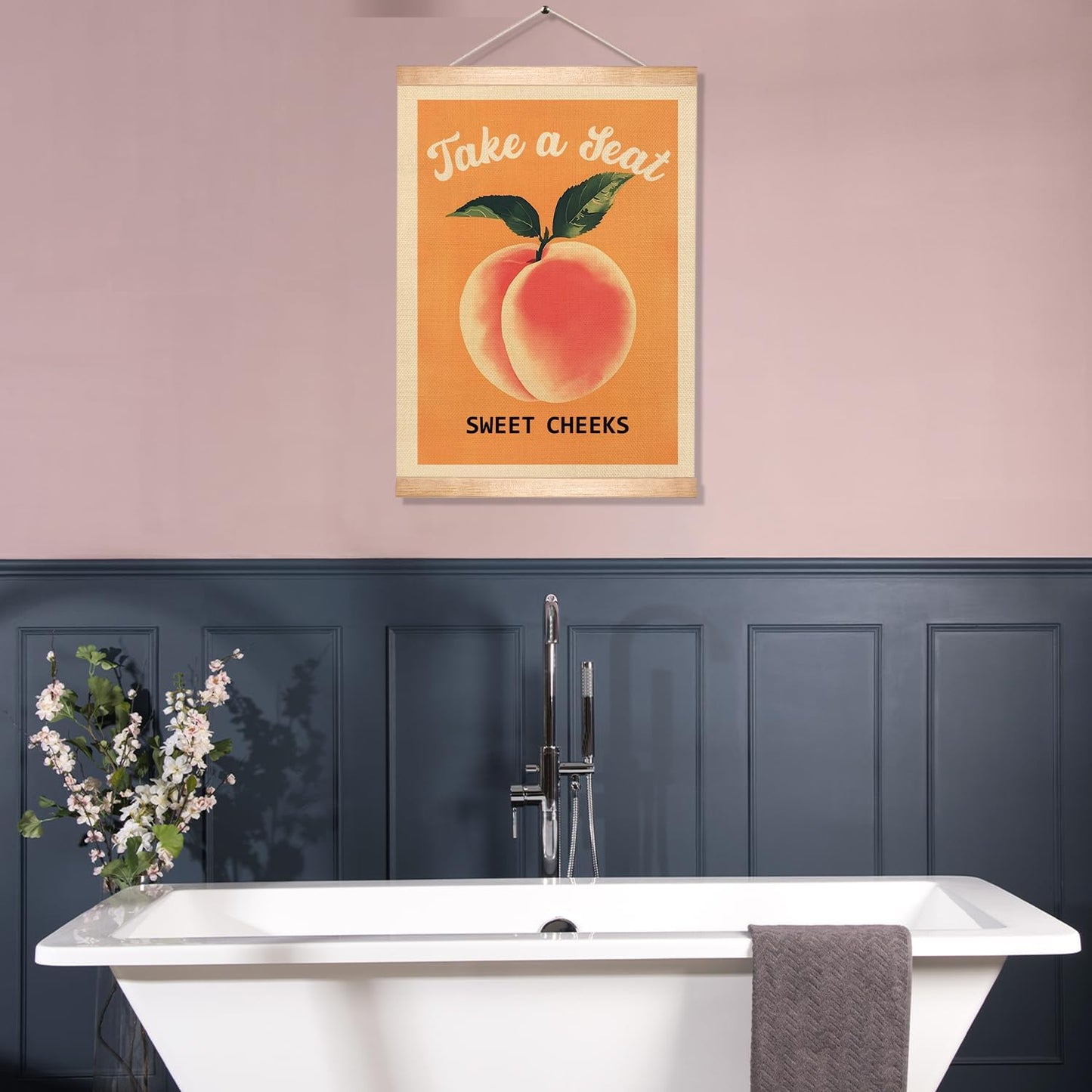 HEYJEEPER Funny Peach Bathroom Decor Wall Art,18.5x14Inch Take A Seat Sweet Cheeks Wall Hanging Poster,Lovely Fruit Poster Bathroom Decor, Restroom Humor Sign for Toilet,Powder Room (Orange peach)
