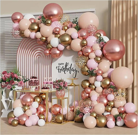 Blocesa Rose Gold Balloon Garland Kit, Nude Pastel Pink Metallic Gold Matte White Balloons Gold and Rose Gold Confetti Balloons for Girl Birthday Coquette Party Wedding Bridal Shower Decorations