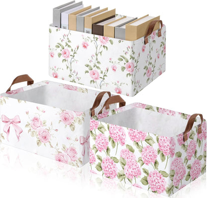 Boao Foldable Storage Baskets Dinosaur Easter Rabbit Classical Flowers Bow Laundry Basket with Handles Waterproof Storage Bins Fabric Shelf Baskets(15 x 11 x 8 Inches,Pink Floral,3 Pcs)