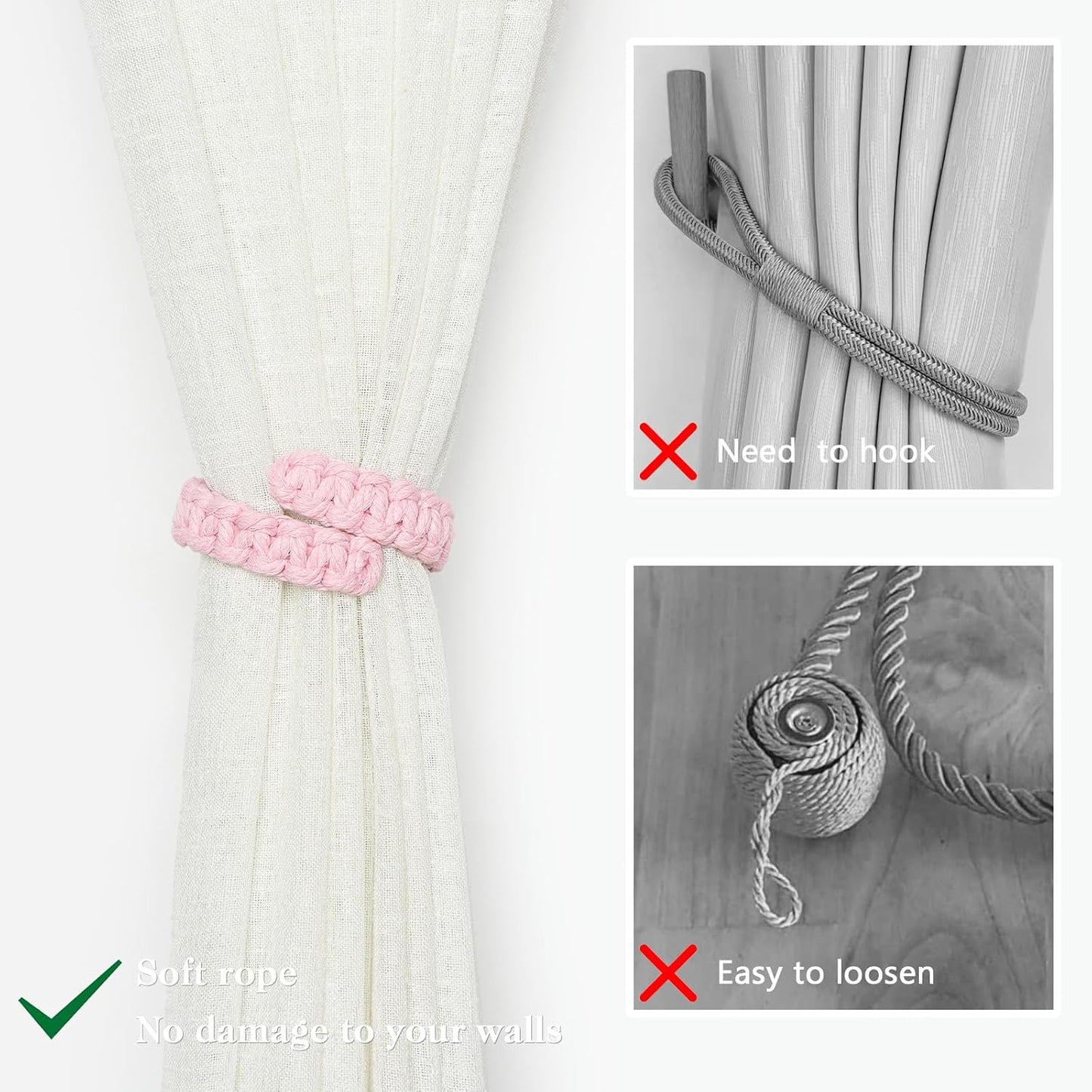 NICEEC 2 Pack Natural Cotton Rope Curtain Tiebacks Farmhouse Rustic Style Decorative Drape Tie Backs Handmade Braided Curtain Holdbacks for Home & Office Sheer/Light Weight Drapery (C-Pink-S)