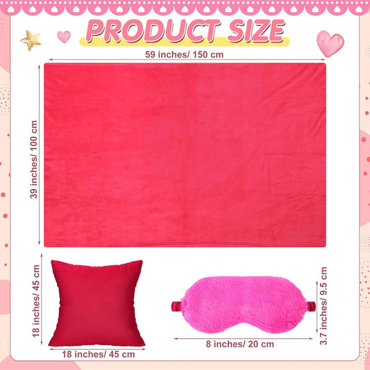 Fanfanwin 18 Pcs Sleepover Party Supplies Set 6 Pcs Fleece Soft Blankets 6 Pcs Velvet Pillows 6 Pcs Faux Rabbit Fur Sleep Eye Mask Sleeping Stuff Accessories for Slumber Spa Favors(Pink,Rose Red)