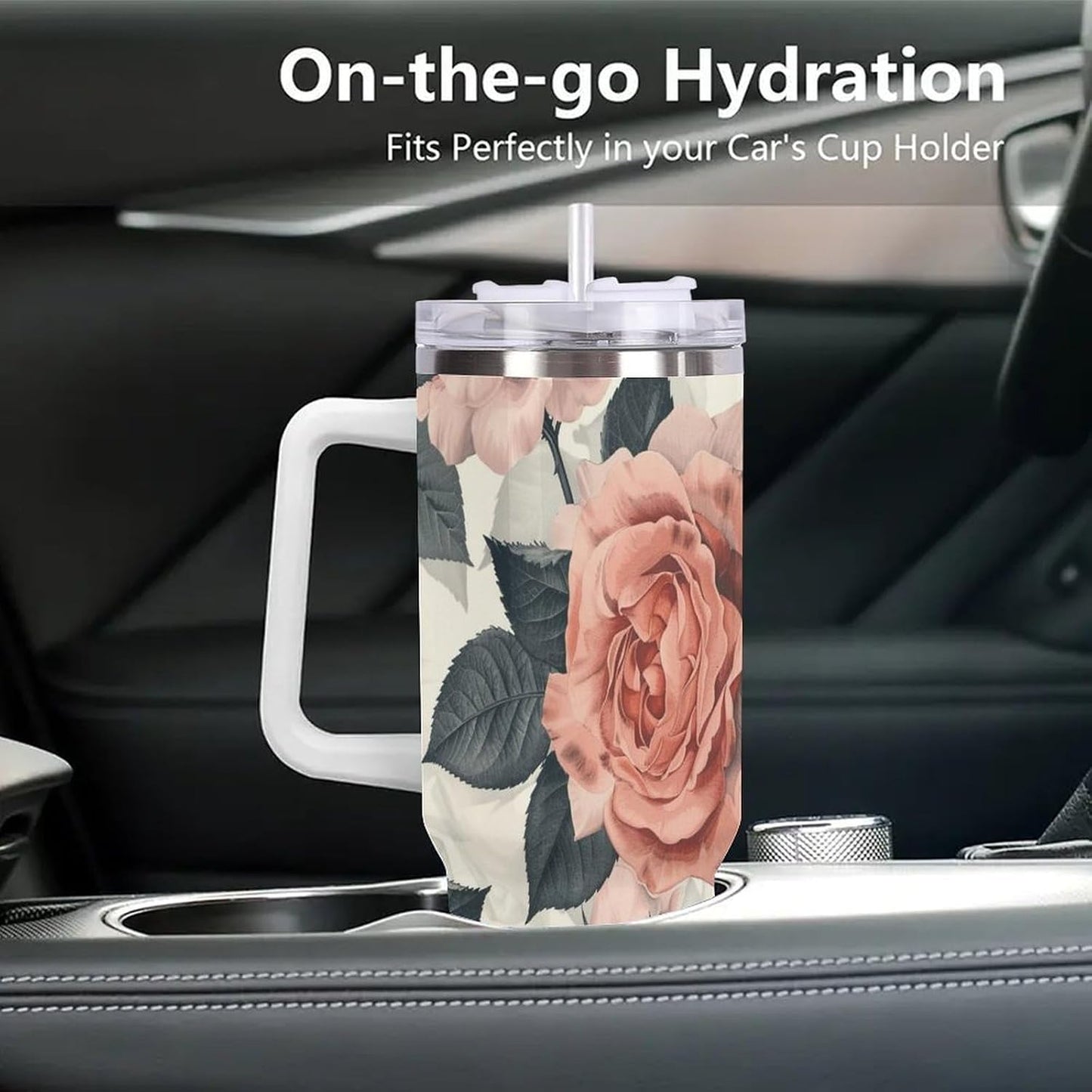40oz Tumbler with Handle, Peach And White Rose Pattern Printed Stainless Steel Travel Mug, Insulated Car Cup with Straw, Keeps Drinks Hot & Cold, Personalized Gift for Women & Men