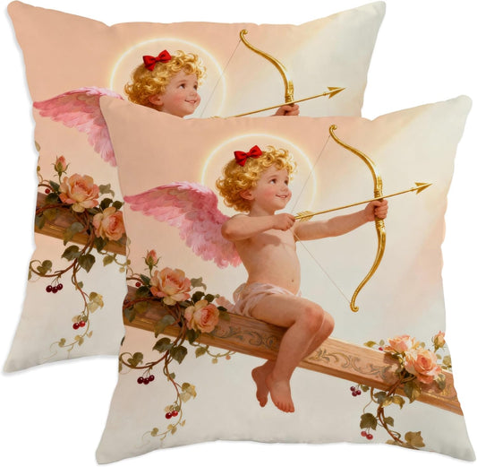 Cherub Throw Pillow Covers Set of 2, Romantic Fanciful Bow Wings Valentine Pastel Peach with Hidden Zipper Cover Decorative Pillows for Living Room Bedroom Loft Office Car Decor 18x18 Inch