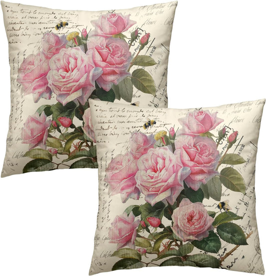 Vintage Rose Flower Pillow Covers Set of 2, 18"x18" Pink Blooming Floral Bee Decorative Throw Pillowcases, Retro Cotton Square Cushion Cover for Sofa Couch Patio Indoor Outdoor