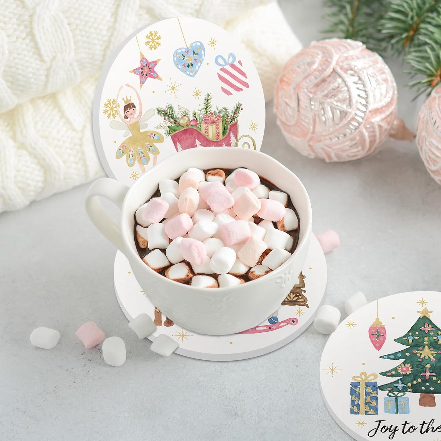 Whaline 4Pcs Christmas Ceramic Coasters Drink Coasters Nutcracker Xmas Winter Absorbent Cup Mat for Holiday Home Kitchen Party Table Decor